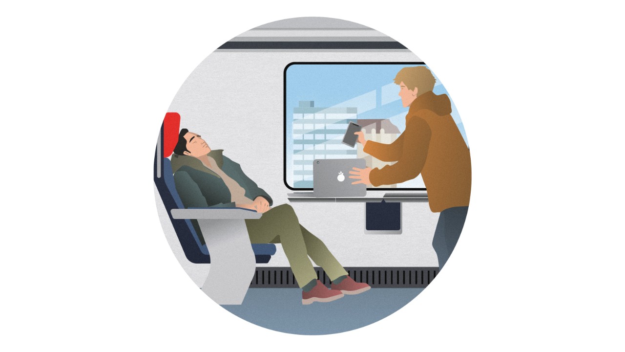 A man sleeps on the train and leaves his laptop and mobile phone on the table in the compartment. A thief steals the valuables in the meantime.