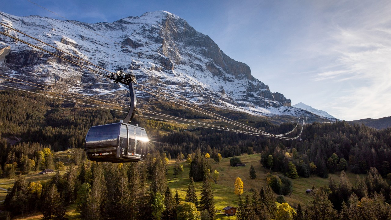 “Eiger-Express”缆车位于“Eigers”陡峭的山墙前。