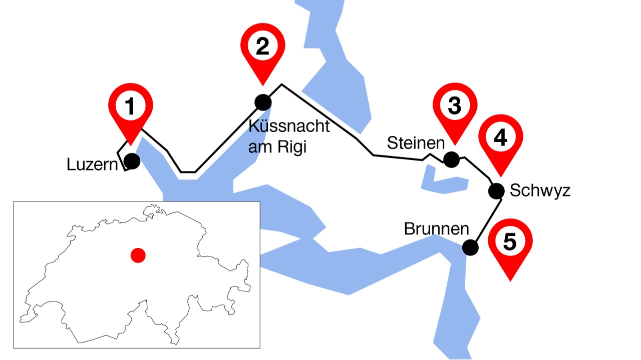 Die Grafik zeigt den Streckenverlauf von Luzern nach Brunnen mit fünf markierten Highlights an dieser Linie.