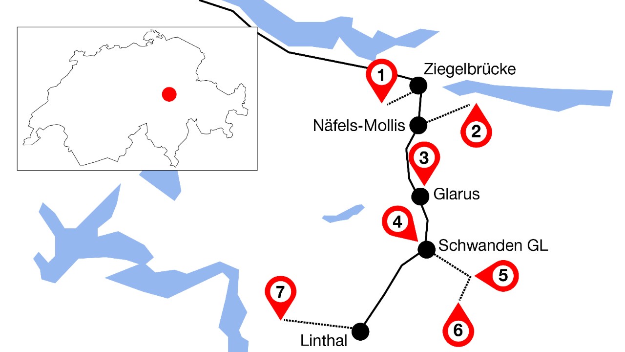 Die Grafik zeigt den Streckenverlauf von Zürich HB nach Linthal mit sieben markierten Highlights an dieser Linie. 