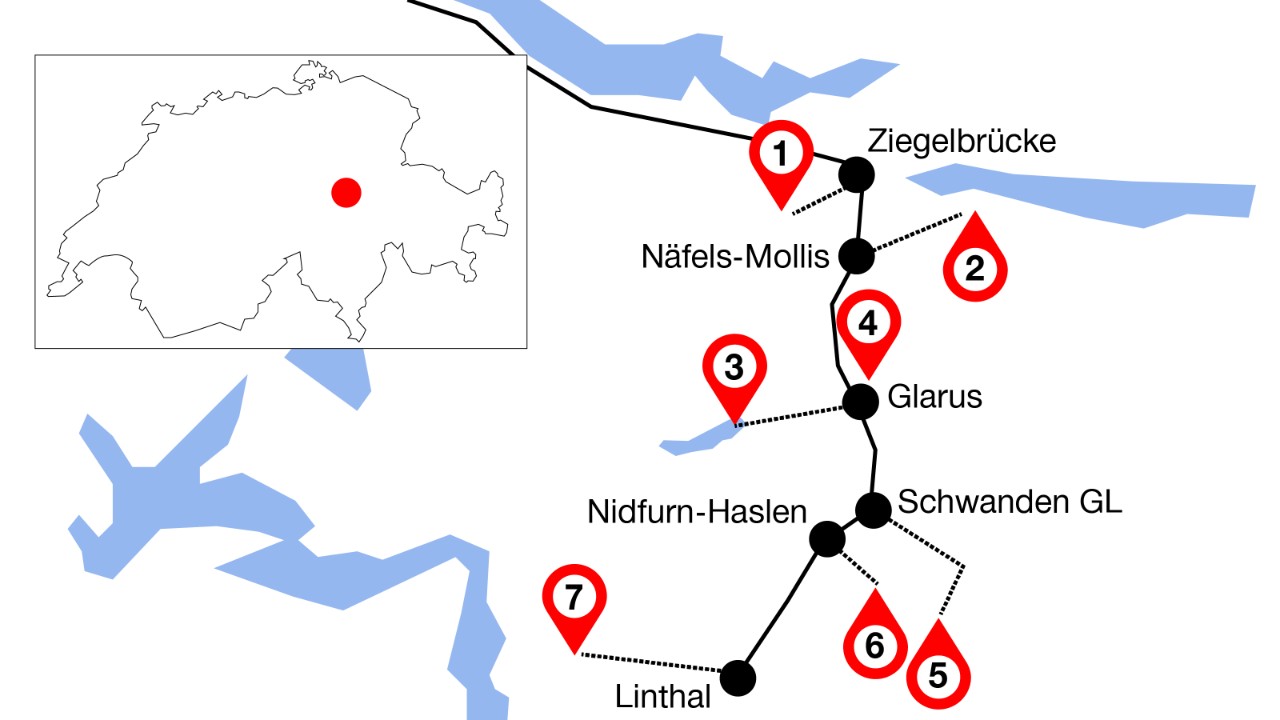 Die Grafik zeigt den Streckenverlauf von Zürich HB nach Linthal mit sieben markierten Highlights an dieser Linie. 