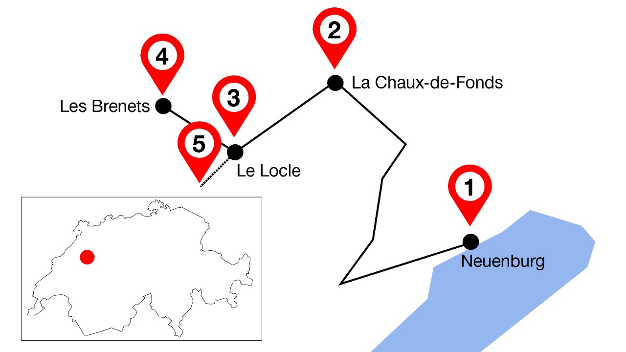 Die Grafik zeigt den Streckenverlauf von Neuenburg nach Le Locle mit fünf markierten Highlights an dieser Linie. 