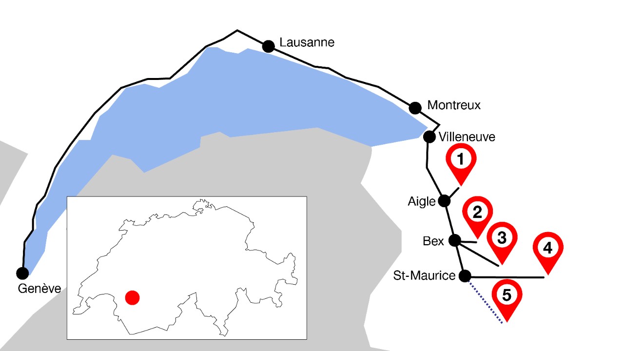 The graphic shows the route from Geneva to Saint-Maurice with five marked highlights along the way.