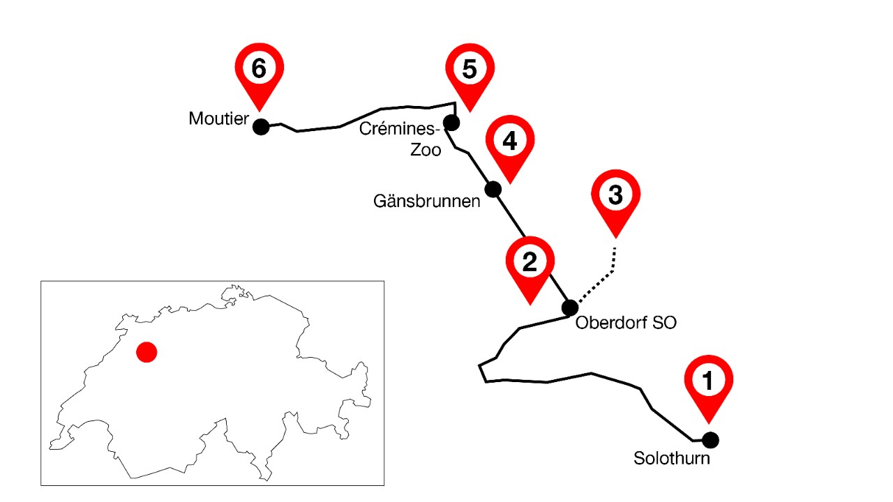 Die Grafik zeigt den Streckenverlauf von Solothurn nach Moutier mit 6 Highlights an dieser Linie.