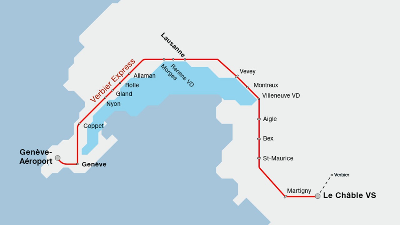 La carte montre l’itinéraire du Verbier Express de Genève-Aéroport au Châble.