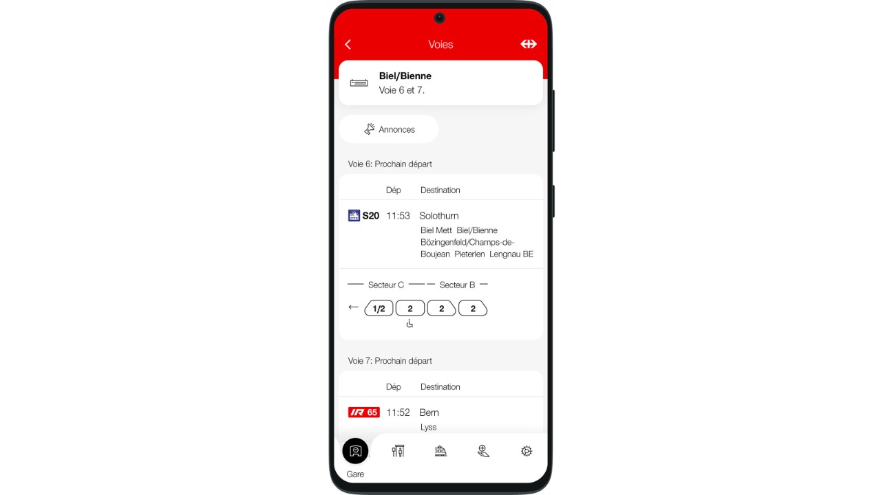 Prochains départs, y c. formation des trains, au départ des voies sélectionnées dans la gare où vous vous trouvez.