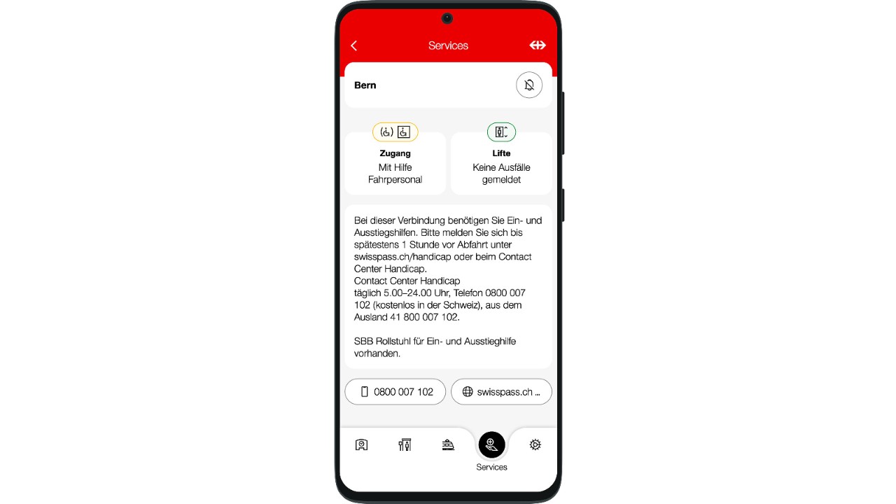 Mit der Funktion «Zugänglichkeit» erhalten Sie Informationen zur Zugänglichkeit von Bahnhöfen. 