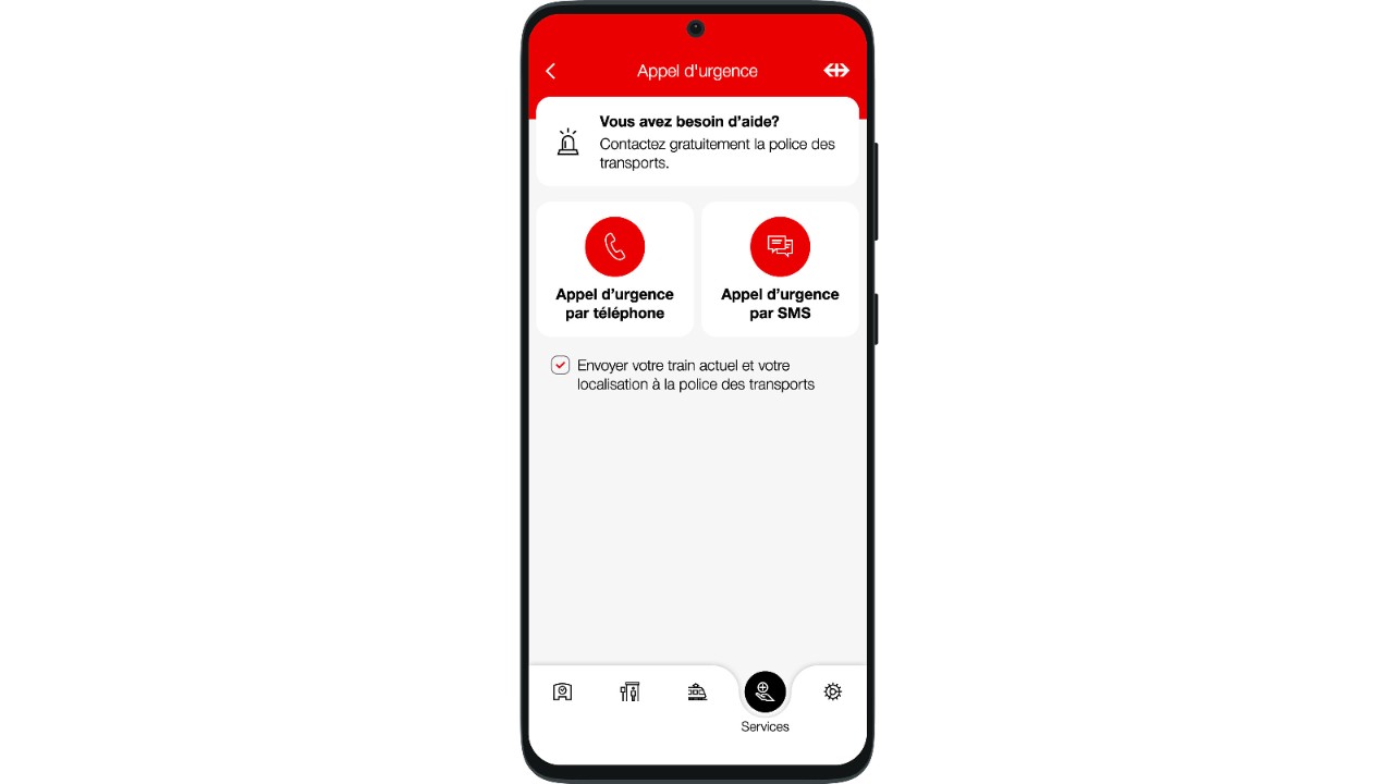 La fonction «Appel d’urgence» vous permet de demander de l’aide à la Police des transports.