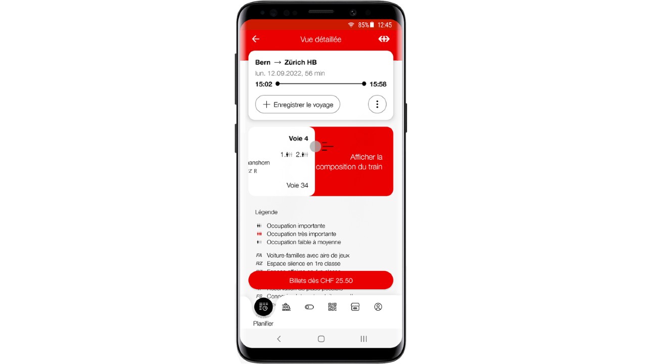 Sélectionnez une relation dans l’appli Mobile CFF, puis balayez l’écran de droite à gauche.