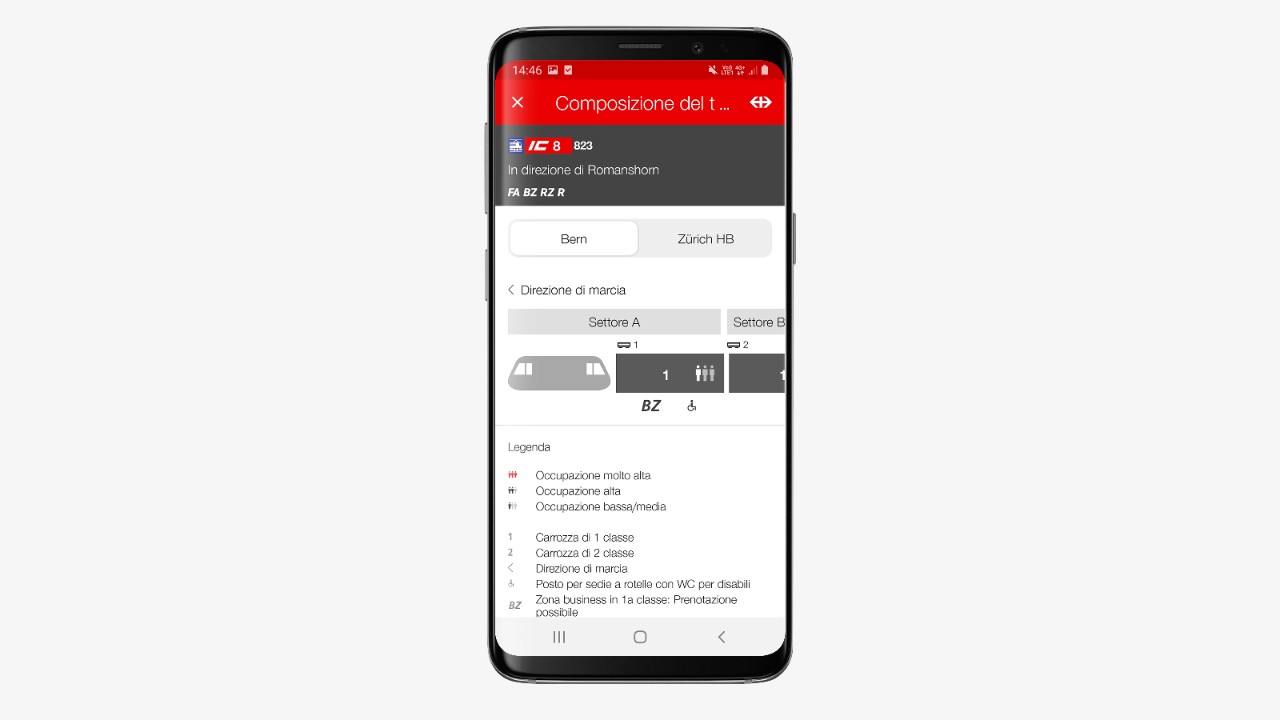 Dopo lo scorrimento, viene presentata la composizione del treno insieme a informazioni come la direzione di marcia, i settori sul marciapiede, le carrozze accessibili senza barriere e le previsioni dell’occupazione.
